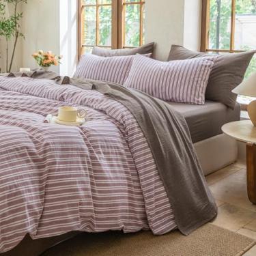 Imagem de BESTDESIL Jogo de lençol com 4 peças, 100% algodão lavado, 1 lençol com elástico, 1 lençol de cima e 2 fronhas, conjunto de lençol texturizado confortável (marrom casca de pinheiro, Queen)