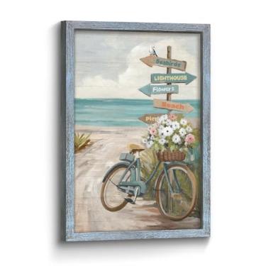 Imagem de Decoração de arte de parede paisagem marítima de praia: bicicleta costeira rústica à beira-mar com flores, sinalização de praia, paisagem, impressão emoldurada, imagem oceânica, litoral, verão, arte