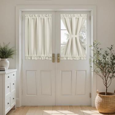 Imagem de HOMEIDEAS Cortina de porta francesa blackout, cortinas de janela pequenas de privacidade, persianas com isolamento térmico com amarração para frente, luz lateral, porta de vidro, bege claro, 66 cm L x