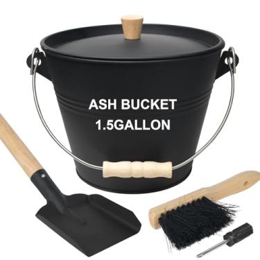 Imagem de Mini balde de cinzas com tampa, pá e vassoura, balde de metal para lareira de 1,5 galão com tampa, balde de carvão e lata de cinzas para lareira, cinzas, fogueiras, lareira, fogões a lenha