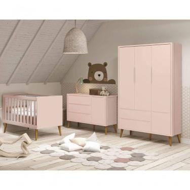 Imagem de Jogo De Quarto Para Bebê Completo 3 Portas Théo New Rosa Fosco Com Madeira - Moveisaqui