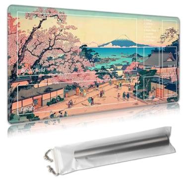 Imagem de Decahouy MTG Playmat with Zones – TCG Trading Card Game Mat – 24x14 Inches – Stitched Edges, Non-Slip Rubber Base – Portable Play Mat Desk Mouspad with Storage Bag,Japan Mt. Fuji Cherry Blossoms