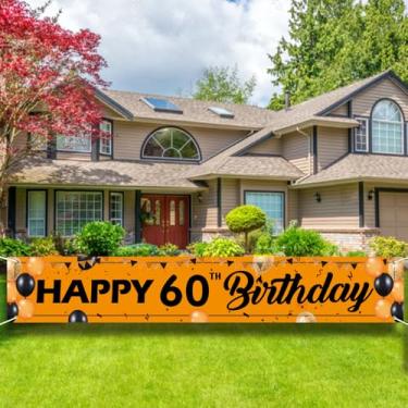 Imagem de Placa de faixa de feliz aniversário - 25 x 4 m, grande decoração de festa de jardim ao ar livre, pano de fundo laranja e preto 60 para homens e mulheres.