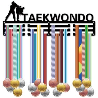 Imagem de CREATCABIN Suporte de metal para exibição de medalhas Taekwondo com 3 fileiras, 12 ganchos, medalhas de corrida esportiva, cabides para pendurar 60+ fitas de prêmios, organizador de troféus, atleta