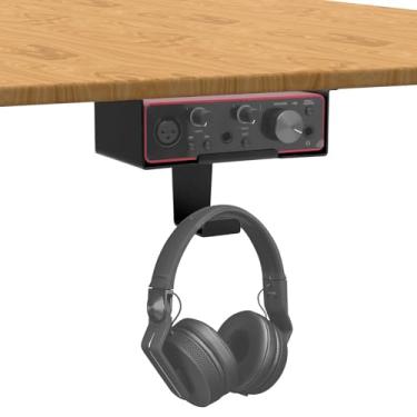 Imagem de FSNIWEKO Suporte sob a mesa para Focusrite Scarlett Solo 3ª geração/solo 4ª geração com suporte para fone de ouvido, organizador de prateleira de metal sob a mesa para interfaces de áudio e