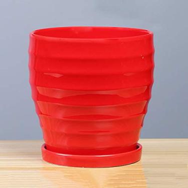 Imagem de Vaso de flores de cerâmica redondo vermelho, suculenta, cacto, bonsai, vaso de flores, vaso de porcelana, interior e exterior, vasos decorativos para plantas (estilo 2-20,5 x 20,3 cm