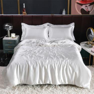 Imagem de XLCZMYL Jogo de cama de seda de cetim com capa de edredom, fronhas, liso, solteiro, casal, fronha, branco, lençol 200 x 230 4 peças