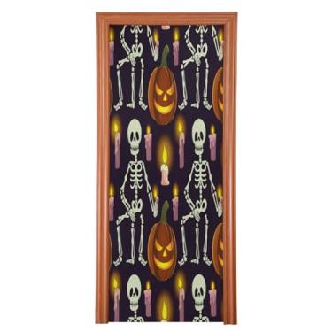 Imagem de Qilmy Decoração de capa de porta 81 x 200 cm tecido grande placa de decoração de festa de Halloween para porta da frente Halloween divertido esqueleto varanda decoração externa janela parede 196