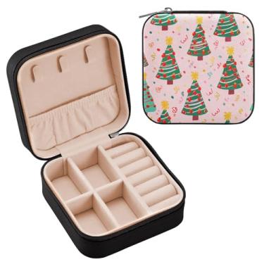 Imagem de Wassud Caixa de joias de viagem decorada com árvore de Natal para mulheres, meninas, senhoras, noiva, mini organizador de joias de couro PU, caixa quadrada de armazenamento de joias para brincos