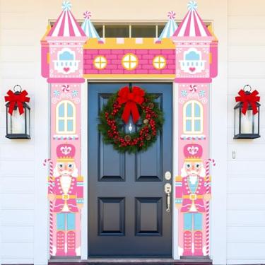 Imagem de Hahafelt 3 peças quebra-nozes rosa banner de varanda de Natal quebra-nozes capa de porta da frente banner placa de varanda decoração de festa de Natal suprimentos para férias inverno sala de aula