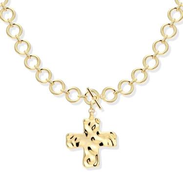 Imagem de Poxtex Colar de cruz grossa para mulheres, colar de ouro 14K / prata com chave, grande, martelado, cruz, joia moderna, grossa, corrente vintage, pingente, pingente, joias, presentes personalizados