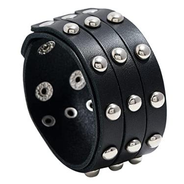 Imagem de WODOUKEI Pulseiras masculinas de couro genuíno punk metal rock para homens e mulheres, pulseiras de contas de metal emo pulseiras ajustáveis, Aço inoxidável Prata Couro, Sem pedras preciosas