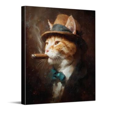Imagem de CYFDYVT Retrato de gato cavalheiro vintage com chapéu e charuto impressão de arte de parede clássica de animal de estimação para estudo escritório bar decoração ilustração em tela 20 x 25 cm