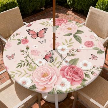 Imagem de COTAIL Toalha de mesa redonda para uso ao ar livre com zíper e orifício para guarda-chuva, toalha de mesa elástica à prova d'água a óleo para pátio, piquenique, acampamento, jardim, serve para mesa