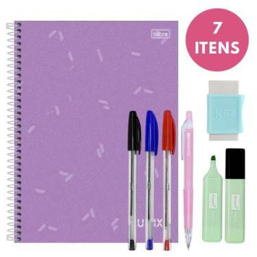 Imagem de Kit Escolar com 7 Itens Canetas Caderno Lapiseira Borracha Marca Texto
