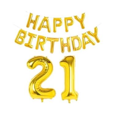 Imagem de Balões De Folha Dourados De Feliz Aniversário 15 Peças Decoração De Fe