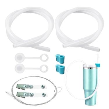 Imagem de 2 conjuntos de canudos de silicone reutilizáveis de 99 cm extra longos - transparentes, flexíveis e dobráveis, com escova de limpeza, compatível com copo Stanley de 1,134 g e garrafas grandes de água