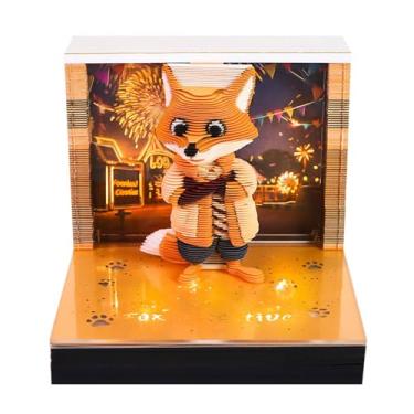 Imagem de Dpofirs Calendário 3D 2026, Calendário de Pedaço de Tempo de Bloco de Notas 3D, Carrossel de Escultura de Papel Criativo de Raposa de Desenho Animado Rasgar Notas de Com Luz
