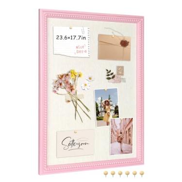 Imagem de Quadro de avisos de linho emoldurado - 45,7 x 61 cm quadro organizador de tecido para parede, quadro de visão de exibição de fotos, decoração de quarto fofo - linho natural com moldura rosa