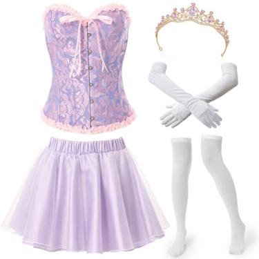 Imagem de Shyyween O conjunto de fantasia de princesa azul adulto inclui espartilho, minissaia, faixa de cabelo, luvas longas de cetim, meias até o joelho, Roxa, GG