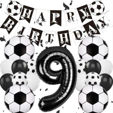 Imagem de Balões de futebol, número de 9 balões pretos de 101 cm, faixa de feliz aniversário de futebol, balão preto branco de 30 cm, decorações de 9º aniversário para meninos