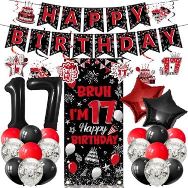 Imagem de MOIZYNG Decorações de aniversário de 17 anos para meninos e meninas, 30 peças preto vermelho Bruh I'm 17 Happy Birthday Banner Pano de fundo balões pendurados redemoinhos para decoração de festa de
