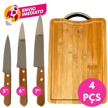 Imagem de Kit Churrasco Tábua Corte Madeira Bambu E 3 Facas Peixeira 5 6 7 Poleg