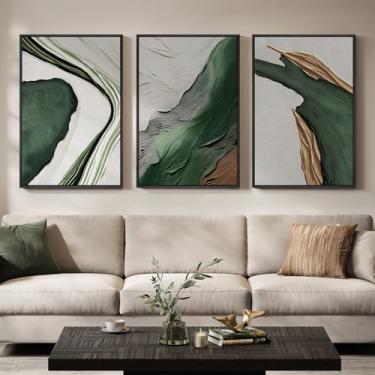 Imagem de Arte de parede abstrata moderna emoldurada grande para sala de estar, 3 peças, impressões em tela, pinturas para paredes, imagens minimalistas em verde e branco para corredor, sala de jantar, quarto