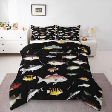 Imagem de Feelyou Conjunto de edredom de peixe para todas as estações, pesca e caça, conjunto de cama com 1 fronha, pescador, homem, peixe, crianças, roupa de cama rústica para quarto, edredom preto, respirável