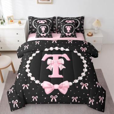 Imagem de Erosebridal Conjunto de edredom solteiro com laço rosa e preto - conjunto de cama com monograma, laço em T, 7 peças, para meninas e crianças, lençol de cima, lençol de cima, lençol com elástico