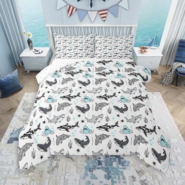 Imagem de Feelyou Jogo de cama solteiro com estampa de tubarões e baleias infantis, edredom fofo para quarto de meninos e meninas, oceano, animal, mar, estrela-do-mar, microfibra ultramacia e respirável