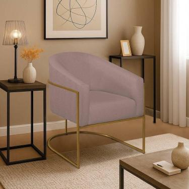 Imagem de Poltrona Decorativa Jade Moderno Escritório Confortável Luxo Base De Ferro Dourado Linho Rosê