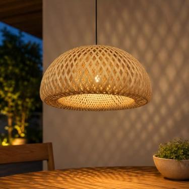 Imagem de Luminária de Teto Lustre Pendente Bambu Malibu Mini Rústico 35cm Redondo Vime Palha Rattan Trançado Fee Utilidades