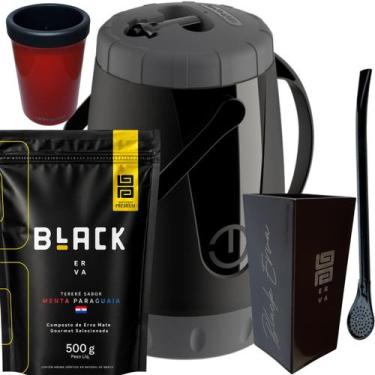 Imagem de Kit Para Tereré Garrafa Lisa Black Erva Mate 500g Copo Cuia Quadrado A