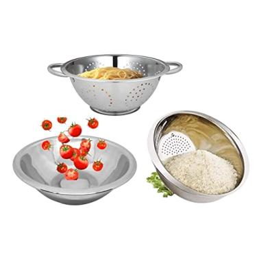 Imagem de Kit Aço Inox 3 peças Escorredor de Macarrão, Arroz e Saladeira 24cm - Mundial Import