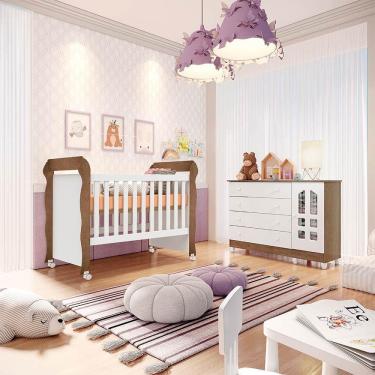 Imagem de Conjunto Infantil Cômoda 4 Gavetas com Porta Grande Selena e Berço Mini Cama Americano Mirelle Amadeirado