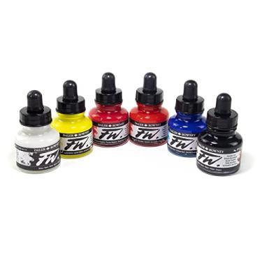 Imagem de Daler-Rowney FW Acrylic Ink Bottle 6-Color Primary Set - Acrylic Set of Drawing Inks for Artists and Students - Permanent Art Ink Calligraphy Set - Calligraphy Ink for Color Mixing