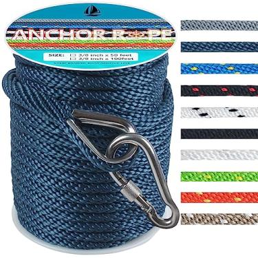 Imagem de Corda de âncora de 1,5 m, linha de ancoragem MFP de trança sólida premium com dedal de aço inoxidável 316, corda de âncora de barco 3/8 polegadas 1,5 m com gancho de pressão resistente - azul marinho