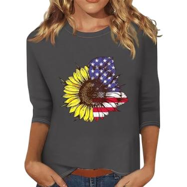 Imagem de Camiseta feminina manga 3/4 EUA listras estrelas bandeira americana camiseta férias patriônticas camisetas soltas casuais, Cinza, 5G