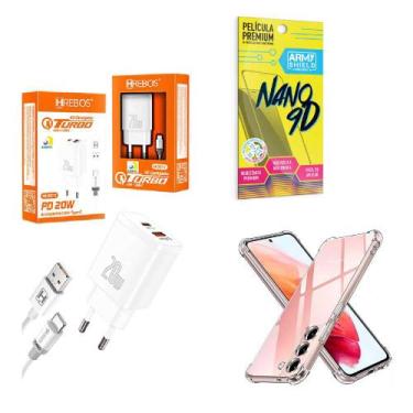 Imagem de Kit Carregador Turbo 20W + Capinha Samsung S23 Plus + Película de Cerâ