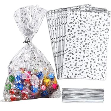 Imagem de COQOFA 100 peças com estampa de estrela, 12 x 17,8 cm, sacos de presente para celofane e celofane, sacos transparentes para biscoitos de doces, sacos de armazenamento de plástico com laços torcidos