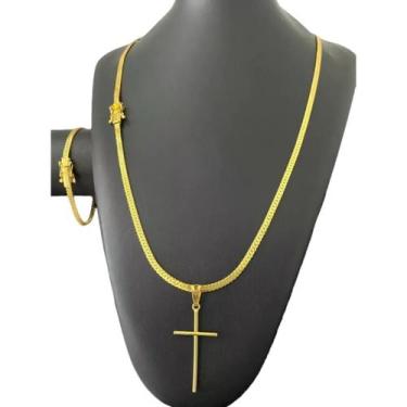 Imagem de Cordão + Pulseira Grumet Laminado 4mm + Pingente Cruz - Banhado a Ouro