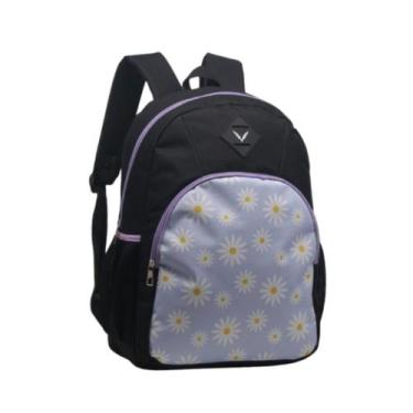 Imagem de Mochila Escolar Grande Preta Lilás Bolso Frontal Lateral Colorida Fund