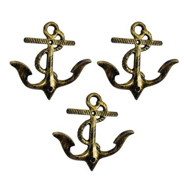 Imagem de Conjunto de 3 ganchos de ferro fundido em forma de âncora para decoração de parede - ganchos em forma de âncora e porta-chaves - cabide de roupas e mochila - ganchos para casaco, decoração de casa