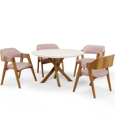 Imagem de Mesa De Jantar Redonda Cora 120cm Off White M04 Com 04 Cadeiras Living Suran Linho Rosê - Lyam