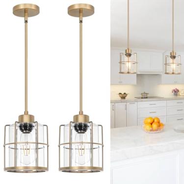 Imagem de DSMJFU Conjunto De 2 Luminárias Pendentes Modernas Latão Para Ilha Cozinha, Estilo Fazenda, Douradas Com Cilindro Vidro Transparente, Haste Ajustável Banheiro, Luminária Suspensa Pequena Decoração C