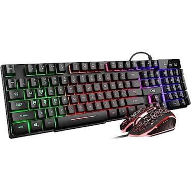 Imagem de Rii Conjunto de teclado e mouse, teclado multimídia para PC com retroiluminação de LED arco-íris, mouse para jogos com retroiluminação de respiração colorida para trabalho ou lazer