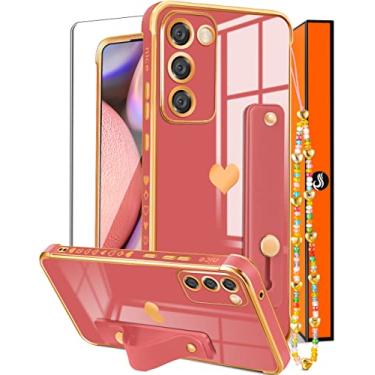 Imagem de Likiyami (3 em 1 para Samsung Galaxy S23 Capa de coração para mulheres e meninas feminina bonita de luxo bonita estética bonita com suporte capas de telefone vermelho e banhado a ouro capa de corações de amor + tela + corrente para Galaxy S23 5G 6,1 polegadas