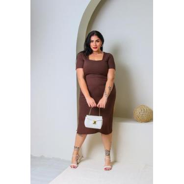 Imagem de vestido decote quadrado plus size canelado - Mar e Cel, Café