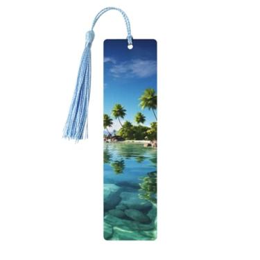 Imagem de Beautiful Island in The Sea Marcador de livro de madeira para homens e mulheres lendo marcadores de livro de madeira exclusivos feitos à mão com pingente de borla, marcador de livro para amantes de